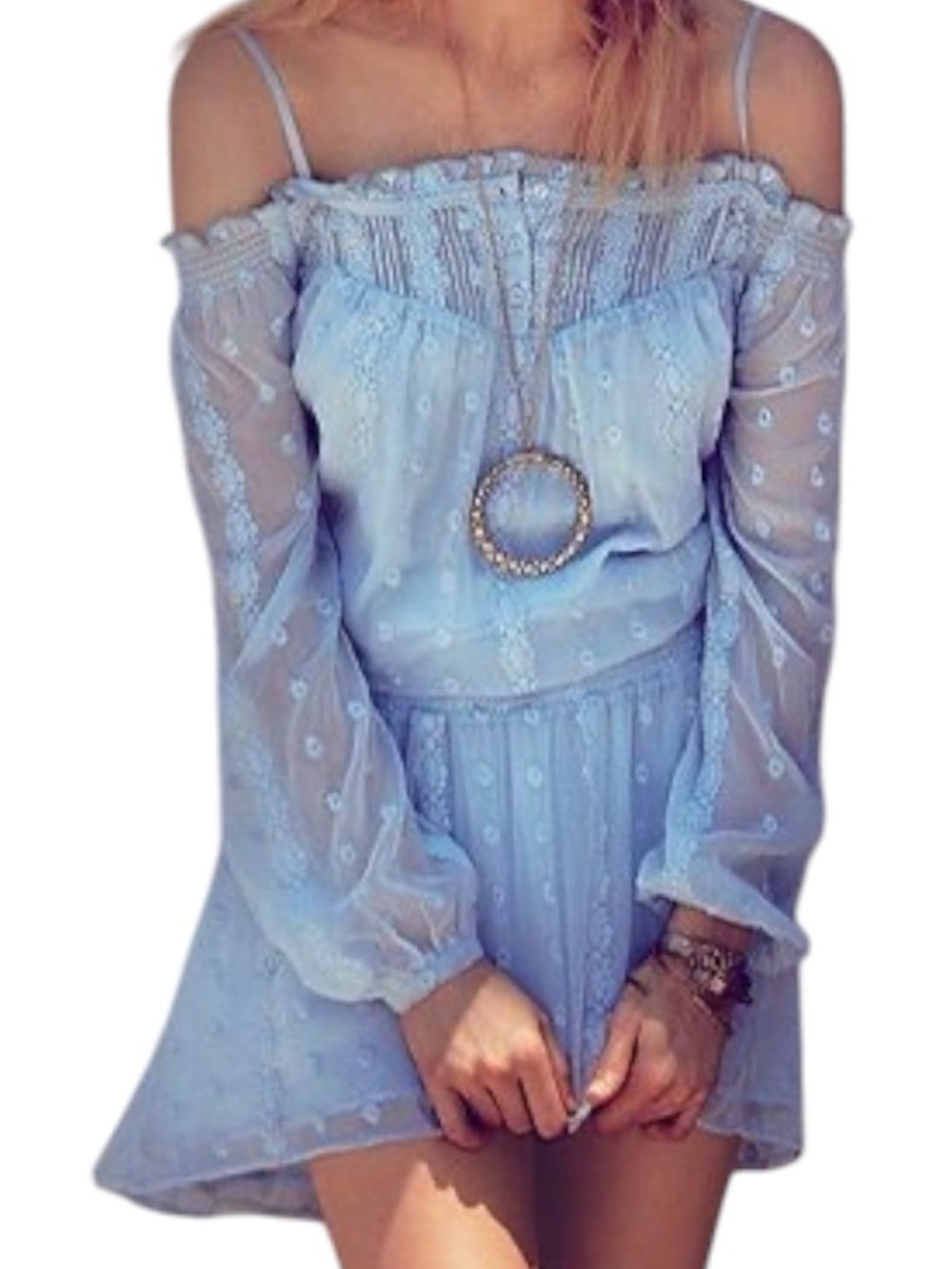 Free People Blue Swiss Dot Off Shoulder Smocked Mini Dress Boho Cottagecore XS